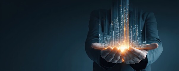 A person in a suit holds a glowing digital cityscape of skyscrapers and data streams, symbolizing technology and innovation.