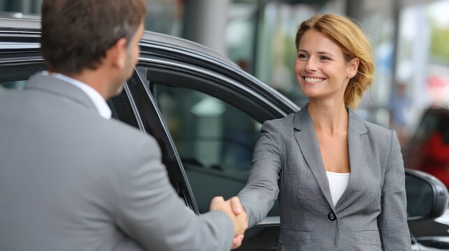 A smiling woman and a man in business attire shake hands beside a car, suggesting a successful business deal or agreement.