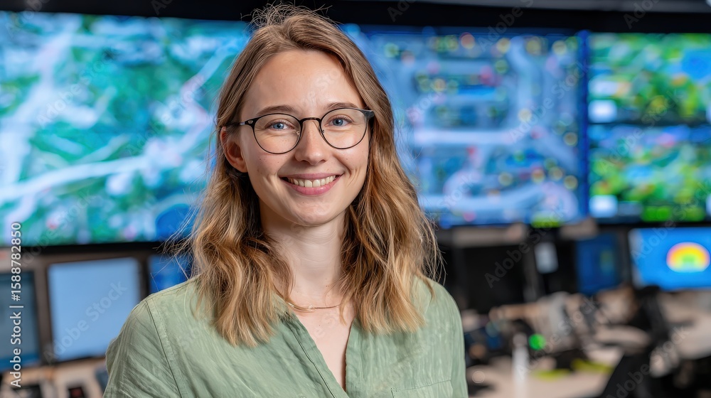Poster a young woman with glasses smiles confidently in a control room filled with multiple monitors displa