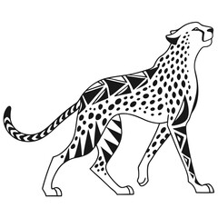 A cheetah with tribal patterns walks, a black and white illustration