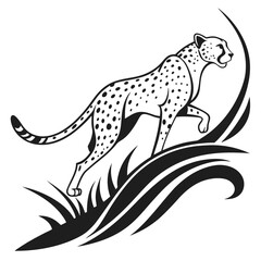 A cheetah runs through stylized grass, a black and white illustration