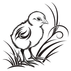 A black and white illustration of a chick with decorative swirls