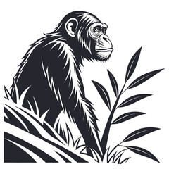 Chimpanzee sitting in grass, looking to the side