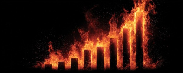 A fiery bar graph with ascending flame-covered bars on a black background, symbolizing growth, energy, or a rising trend.