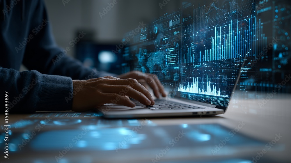 Poster analyzing complex financial data with advanced digital analytics tools and cutting-edge technology t