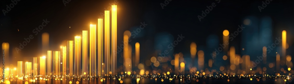 Poster a glowing 3d bar chart with golden light bars and bokeh city lights in the background, symbolizing g