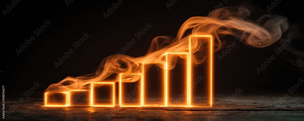 Poster a glowing orange bar graph with ascending columns emits smoke against a dark background, symbolizing