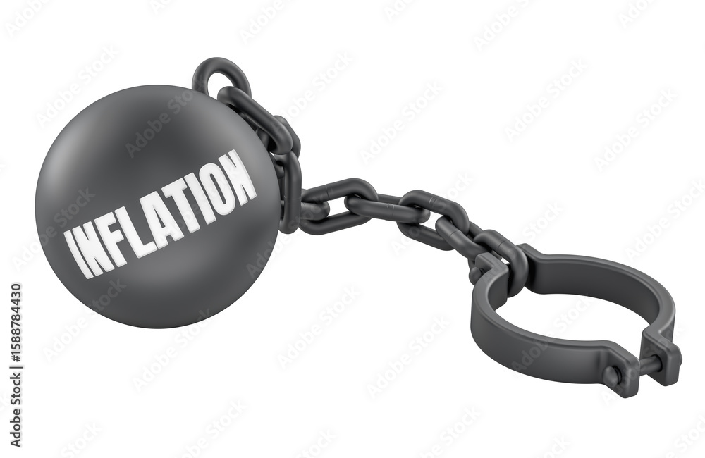 Poster inflation concept with black ball and chain. 3d rendering isolated on transparent background