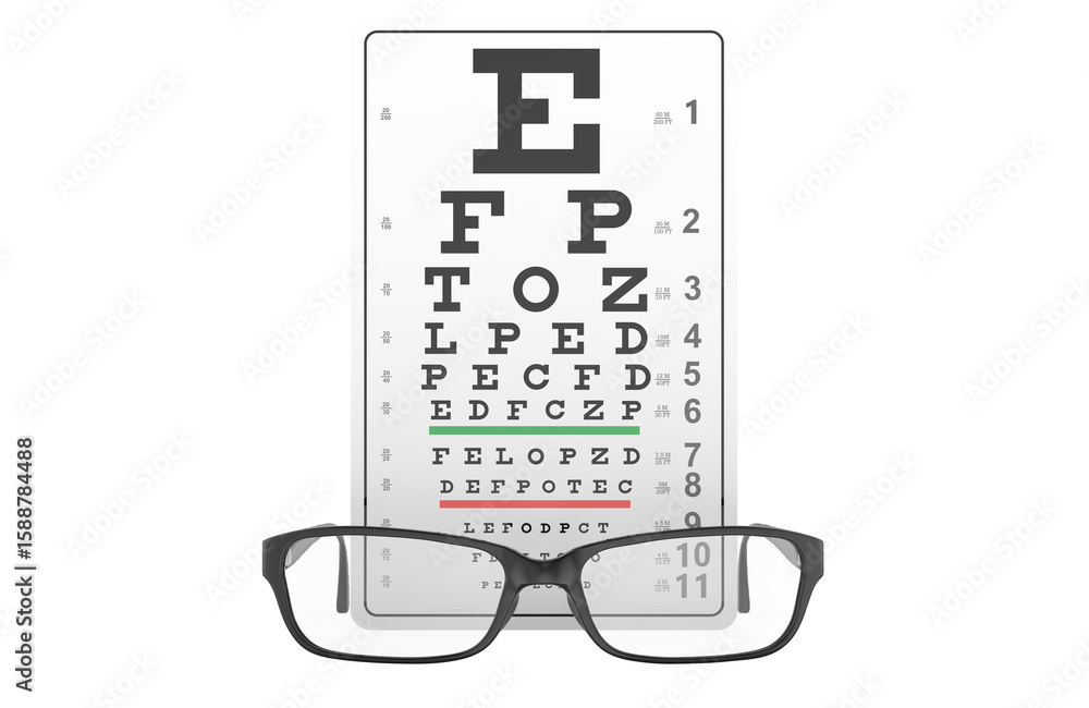 Poster eyeglasses and vision test chart. 3d rendering isolated on transparent background
