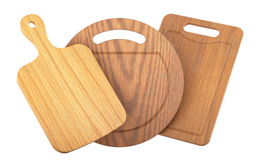 Wooden cutting boards in different shapes and wood tones. 3D rendering isolated on transparent background