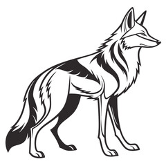 A stylized jackal standing alert on a white background