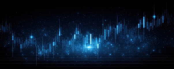 A futuristic digital graph with glowing blue bars and data points against a starry, cosmic background, symbolizing data analysis and technology.