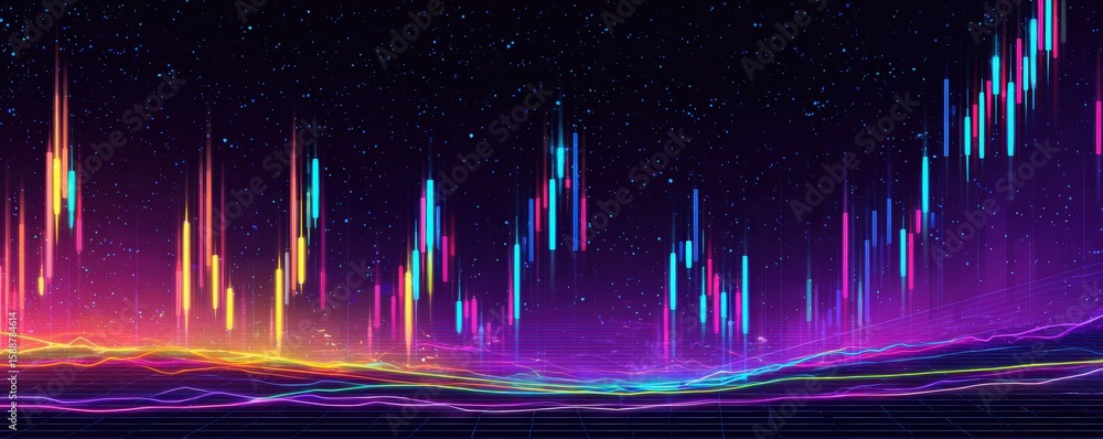 Poster abstract digital landscape with vibrant neon lines and colorful vertical light bars resembling a fut