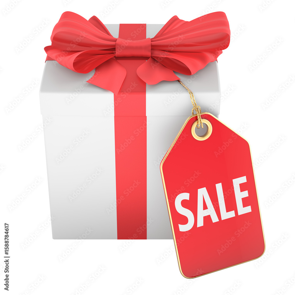 Poster gift box with red sale tag. 3d rendering isolated on transparent background
