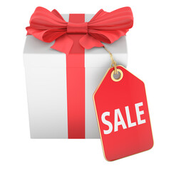 Gift box with red sale tag. 3D rendering isolated on transparent background