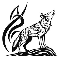 A stylized wolf howling on a rock with tribal elements