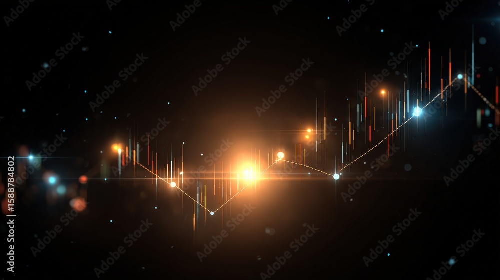 Poster a futuristic digital graph with glowing data points and lines on a dark background, symbolizing fina