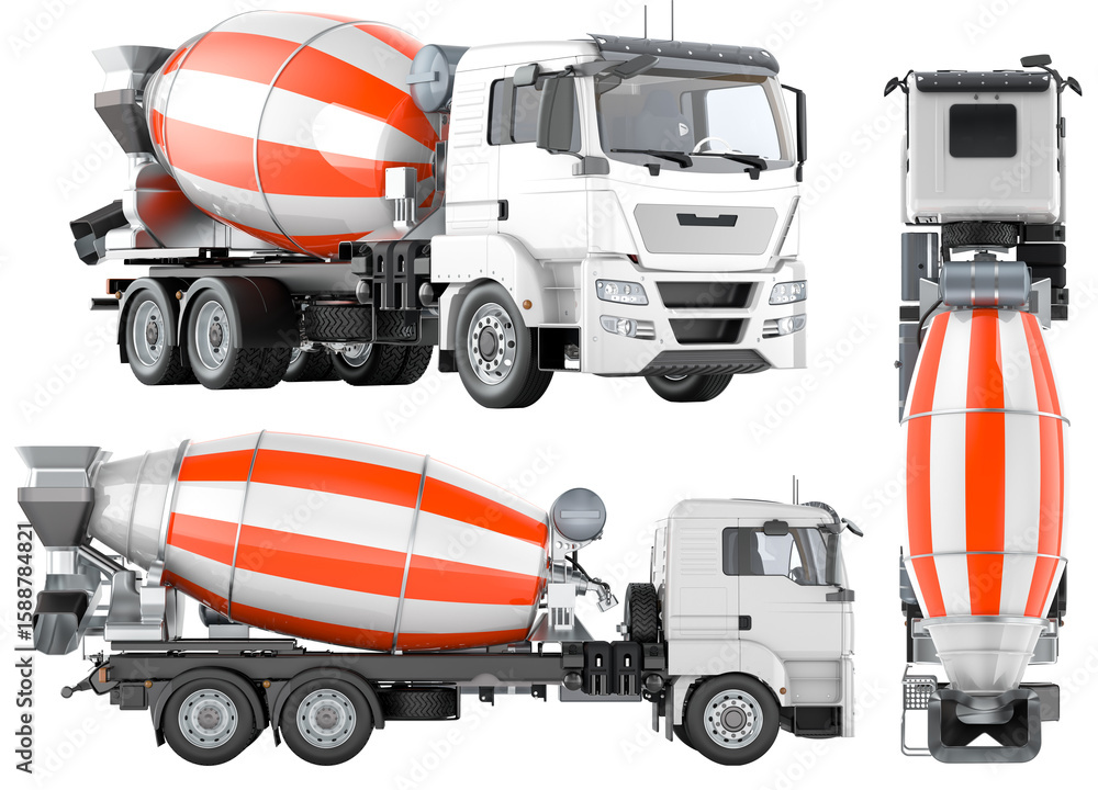Poster concrete mixer truck, multiple views. 3d rendering isolated on transparent background