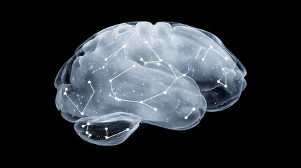 A translucent human brain filled with floating star constellations, representing subconscious learning processes.