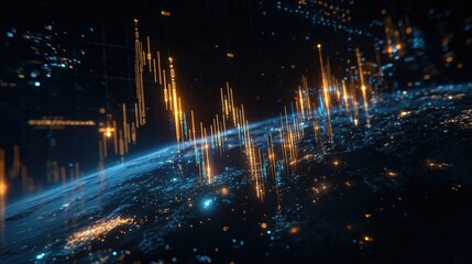 A digital representation of Earth at night with glowing orange data streams and light points symbolizing global connectivity and technology networks.