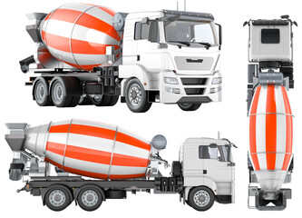 Fototapeta na wymiar Concrete Mixer Truck, multiple views. 3D rendering isolated on transparent background