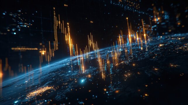 A digital representation of Earth at night with glowing orange data streams and light points symbolizing global connectivity and technology networks.