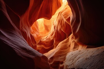 Obraz premium A dramatic, low-angle shot of a sandstone canyon interior, showcasing swirling, textured walls lit by a bright, warm light emanating from an opening above