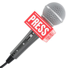Reporter microphone with press sign. 3D rendering isolated on transparent background
