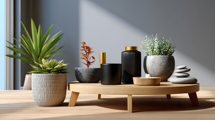 Elegant Home Decor Arrangement with Potted Plants and Decorative Items on Wooden Table Surface