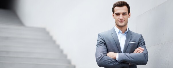 A confident man in a blue suit stands with arms crossed near a grey wall and stairs, exuding professionalism and approachability.