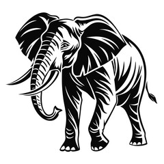 A powerful elephant with large ears, shown in a stylized black and white