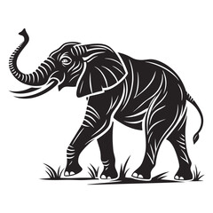 Stylized elephant walking through grass, black and white