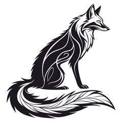 Sitting stylized black fox with ornate tribal patterns