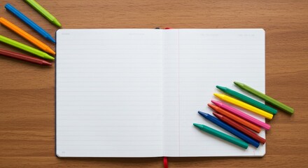 Obraz premium Creative workspace featuring open notebook and colorful crayons on wooden surface