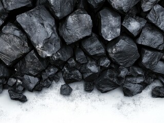 Dark, Rough, Textured Black Rocks on White Background.