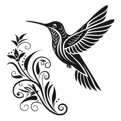 Obraz premium Hummingbird in flight with decorative floral swirls