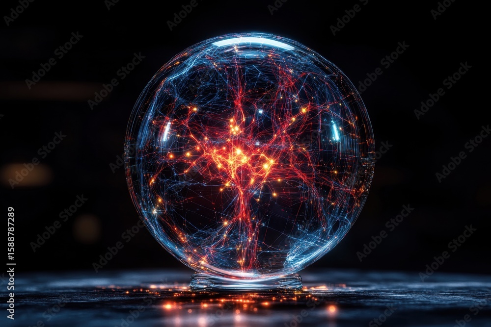 Poster abstract glowing sphere with dynamic network connections and lights
