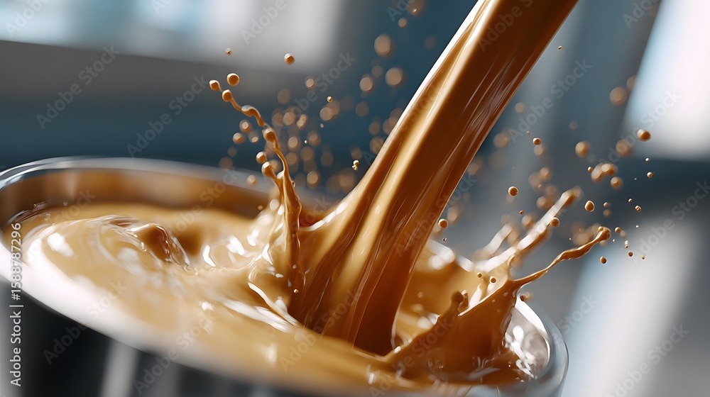 Poster dynamic splash of brown liquid in a closeup view of a beverage pouring into a container