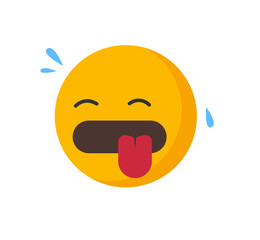 Hot sweat wet face with tongue person icon emotion smile flat cartoon illustration, yellow sunlight warm tired exhausted comic humor character image clip art sign symbol
