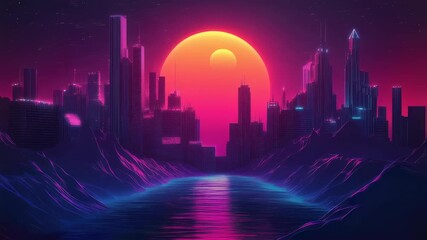 Neon sunset over futuristic cityscape with reflective river and starry sky in retro aesthetic - Powered by Adobe