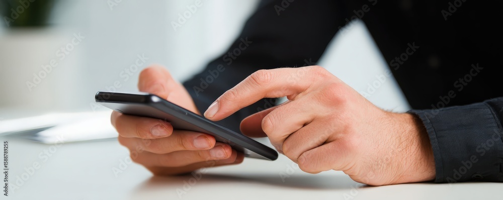 Poster a person using a smartphone, tapping the screen with one finger, with focus on hands and device in a