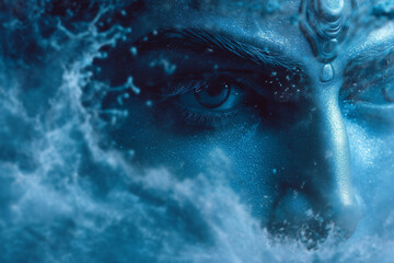 Fototapeta premium Abstract concept of Shiva’s divine face emerging from flowing Ganga water in blue hues. 