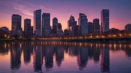 Fototapeta premium Vibrant city skyline at dusk with illuminated skyscrapers reflecting in river water, urban architecture with purple and blue twilight sky