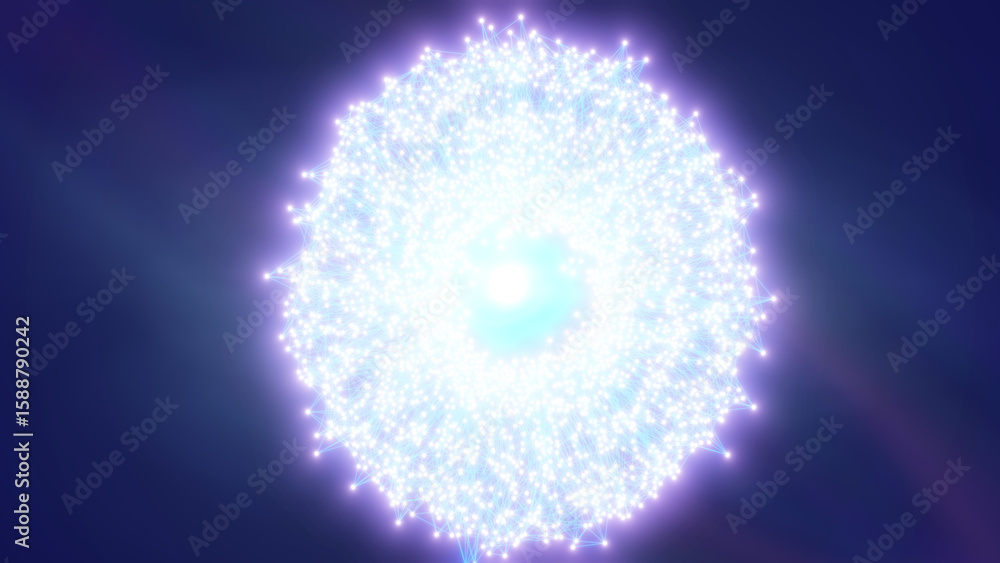 Poster glowing spherical digital structure with radiant center, visualizing complex data networks and energ