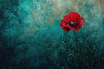 A single, vibrant red poppy stands out against a textured, teal background, evoking a sense of remembrance and beauty.