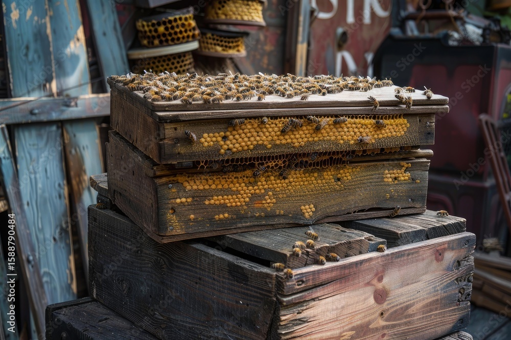 Poster partially open beehive with honey bees working on it in an apiary