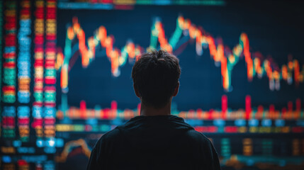 Investor analyzing financial data on digital screen, observing stock market trends and portfolio performance with focus and determination