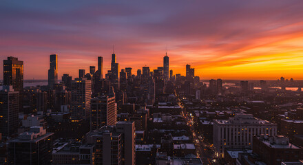 Obraz premium Dawn Over the City Mesmerizing New York Skyline at Sunrise with Vibrant Colors 