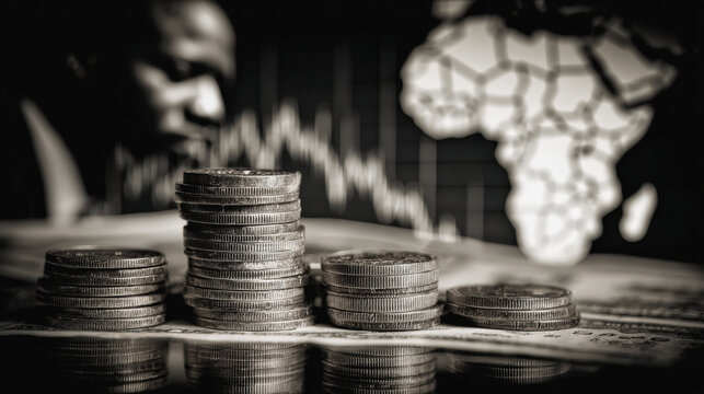 Investing in African markets shows potential growth with stacked coins symbolizing financial success and economic trends