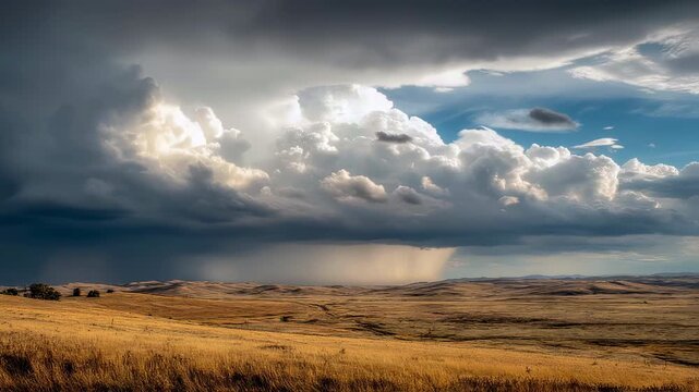 Majestic sculpted super-cell mesocyclone thunderstorm clouds drifting across expansive nebraska sand hills landscape under dramatic stormy skies